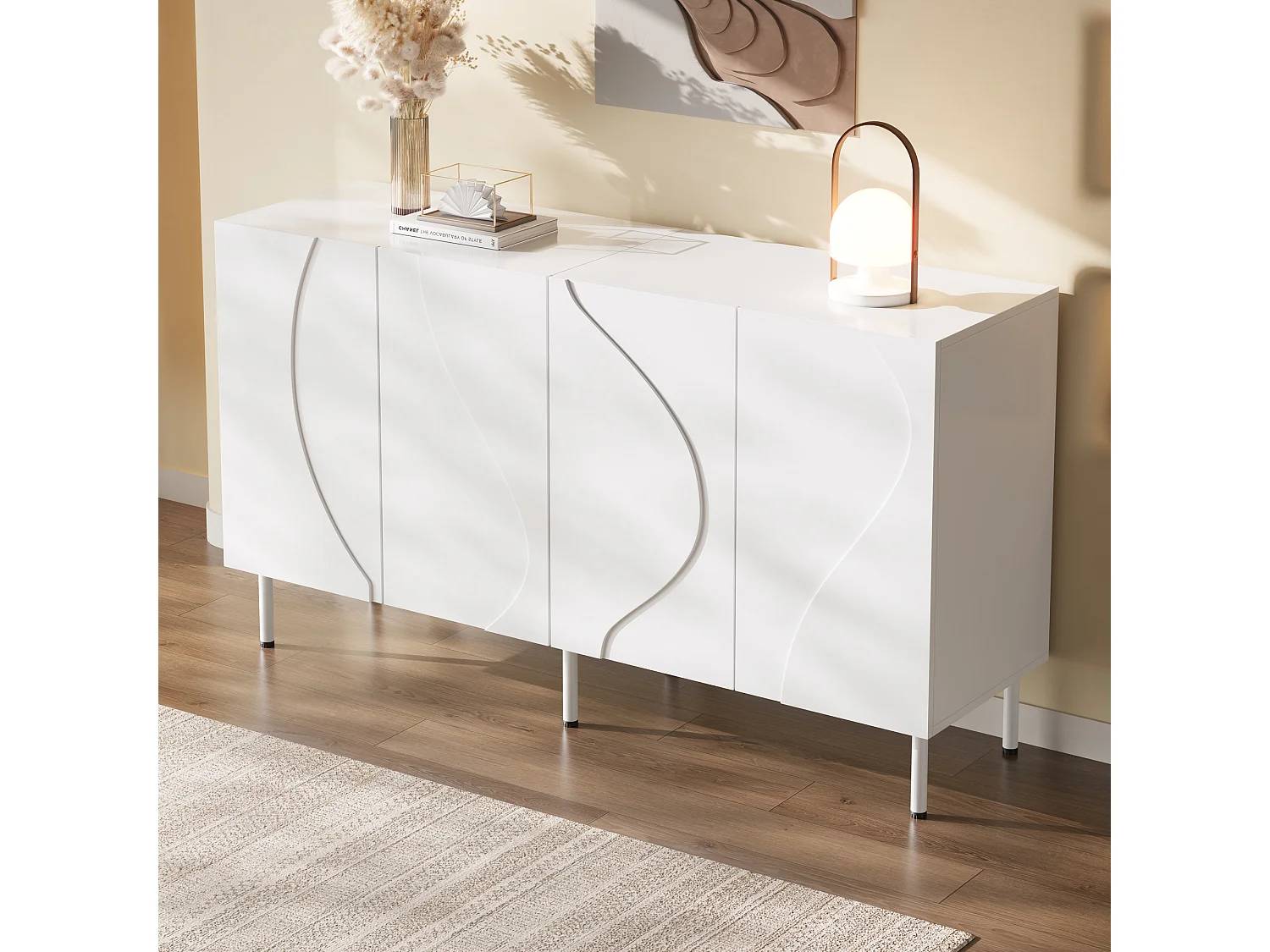 Buffet moderne 140x40x77,5 cm - 4 portes incurvées 3D - Panneaux de particules et MDF - Pieds en métal - Blanc