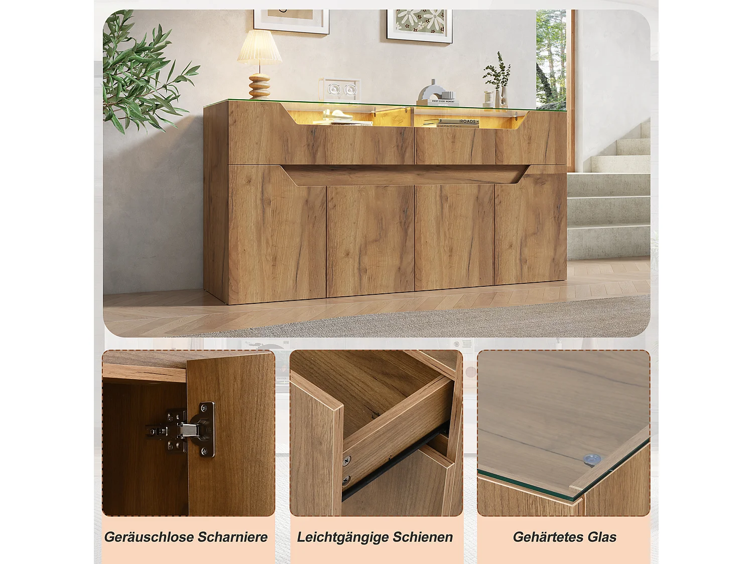 Buffet avec plateau en verre trempé - 2 tiroirs et 4 portes - 140x40x70 cm - Aspect en bois - MDF+verre - Naturel