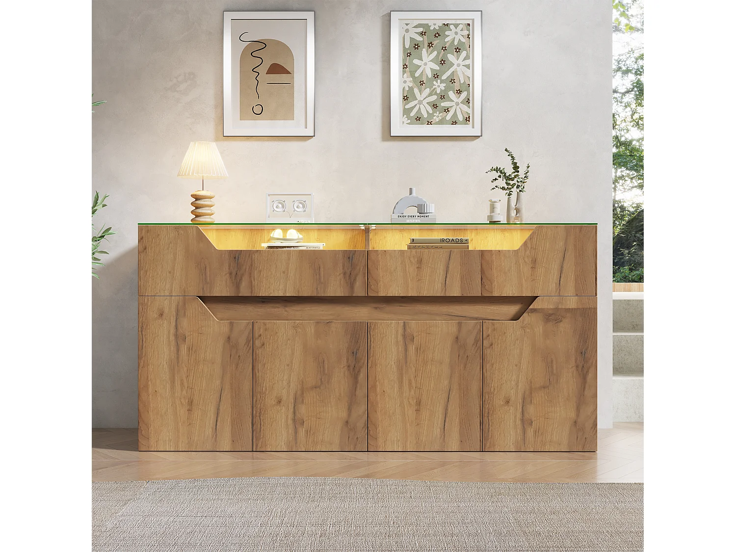 Buffet avec plateau en verre trempé - 2 tiroirs et 4 portes - 140x40x70 cm - Aspect en bois - MDF+verre - Naturel