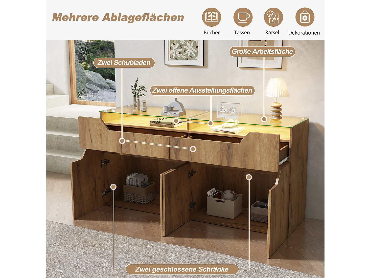 Buffet avec plateau en verre trempé - 2 tiroirs et 4 portes - 140x40x70 cm - Aspect en bois - MDF+verre - Naturel