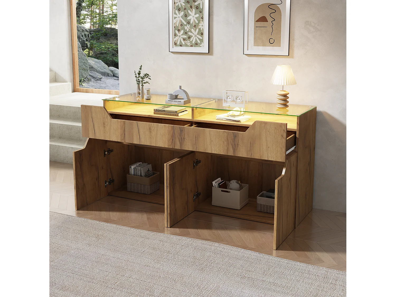 Buffet avec plateau en verre trempé - 2 tiroirs et 4 portes - 140x40x70 cm - Aspect en bois - MDF+verre - Naturel