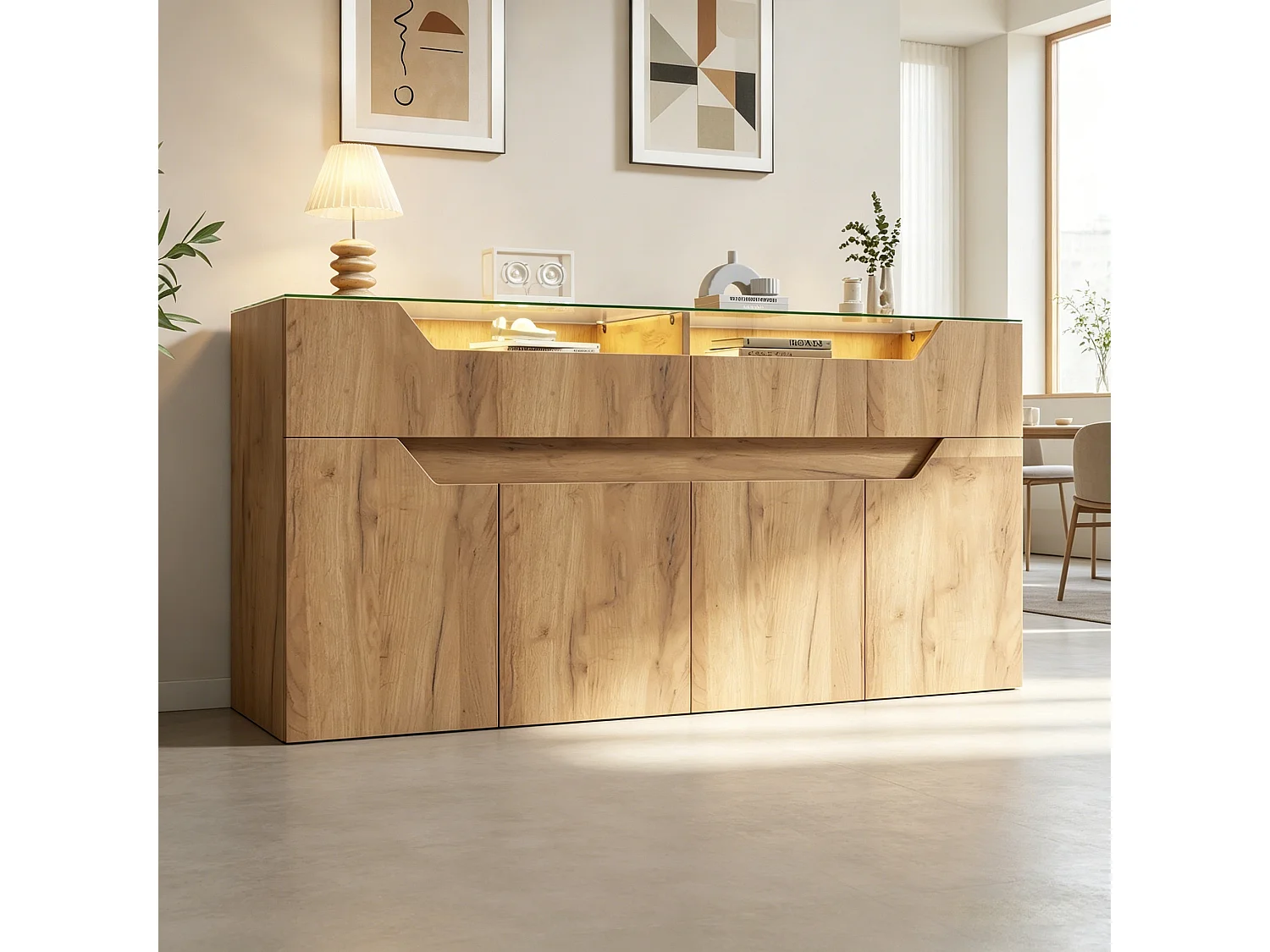 Buffet avec plateau en verre trempé - 2 tiroirs et 4 portes - 140x40x70 cm - Aspect en bois - MDF+verre - Naturel