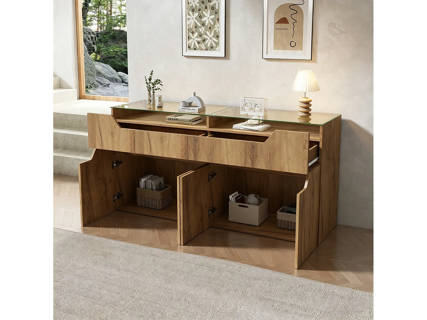 Buffet avec plateau en verre trempé - 2 tiroirs et 4 portes - 140x40x70 cm - Aspect en bois - MDF+verre - Naturel