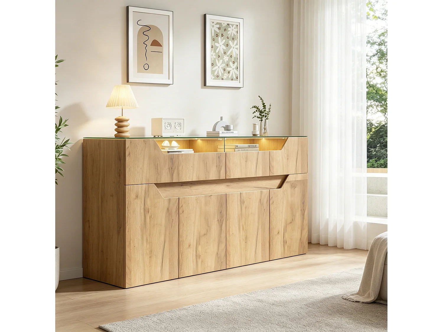 Buffet avec plateau en verre trempé - 2 tiroirs et 4 portes - 140x40x70 cm - Aspect en bois - MDF+verre - Naturel