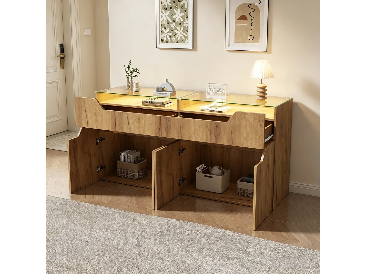 Buffet avec plateau en verre trempé - 2 tiroirs et 4 portes - 140x40x70 cm - Aspect en bois - MDF+verre - Naturel