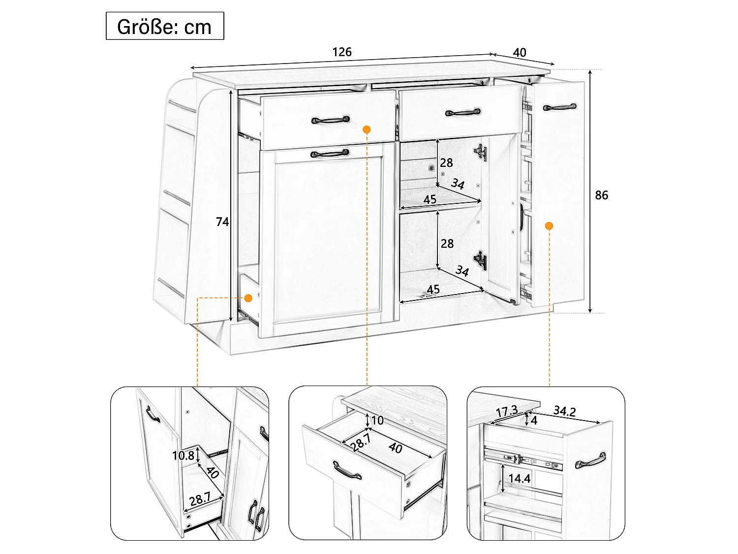 Dressoir met lades, deuren en kruidenrek - Wit MDF-hout