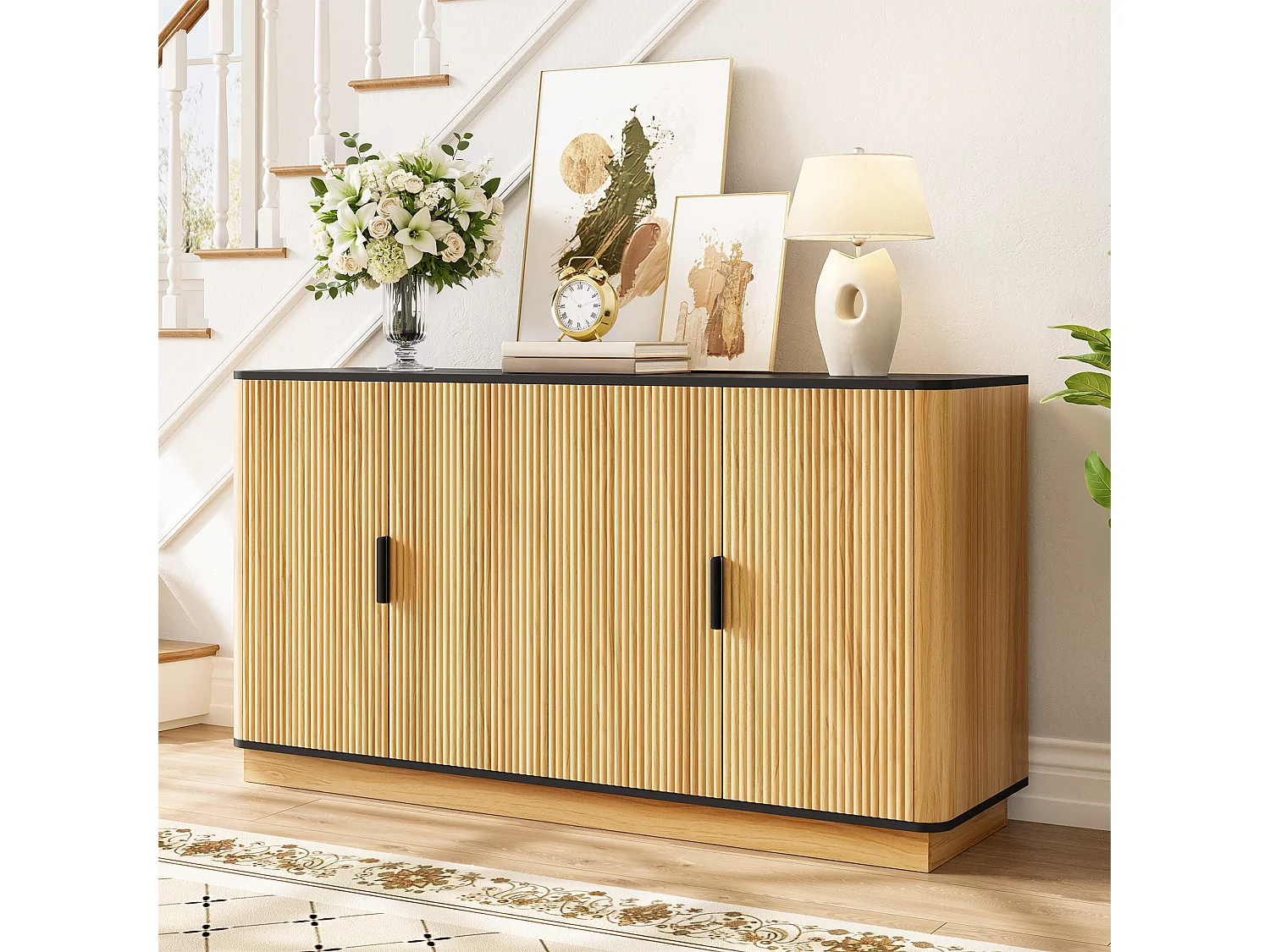 Buffet avec 4 portes - 139x40x75 cm - Motif ondulé - Finition imitation bois - Panneaux de particules - Naturel