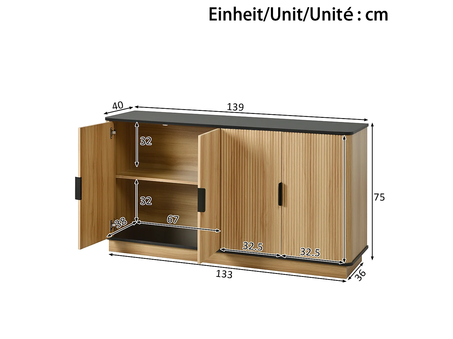 Buffet avec 4 portes - 139x40x75 cm - Motif ondulé - Finition imitation bois - Panneaux de particules - Naturel