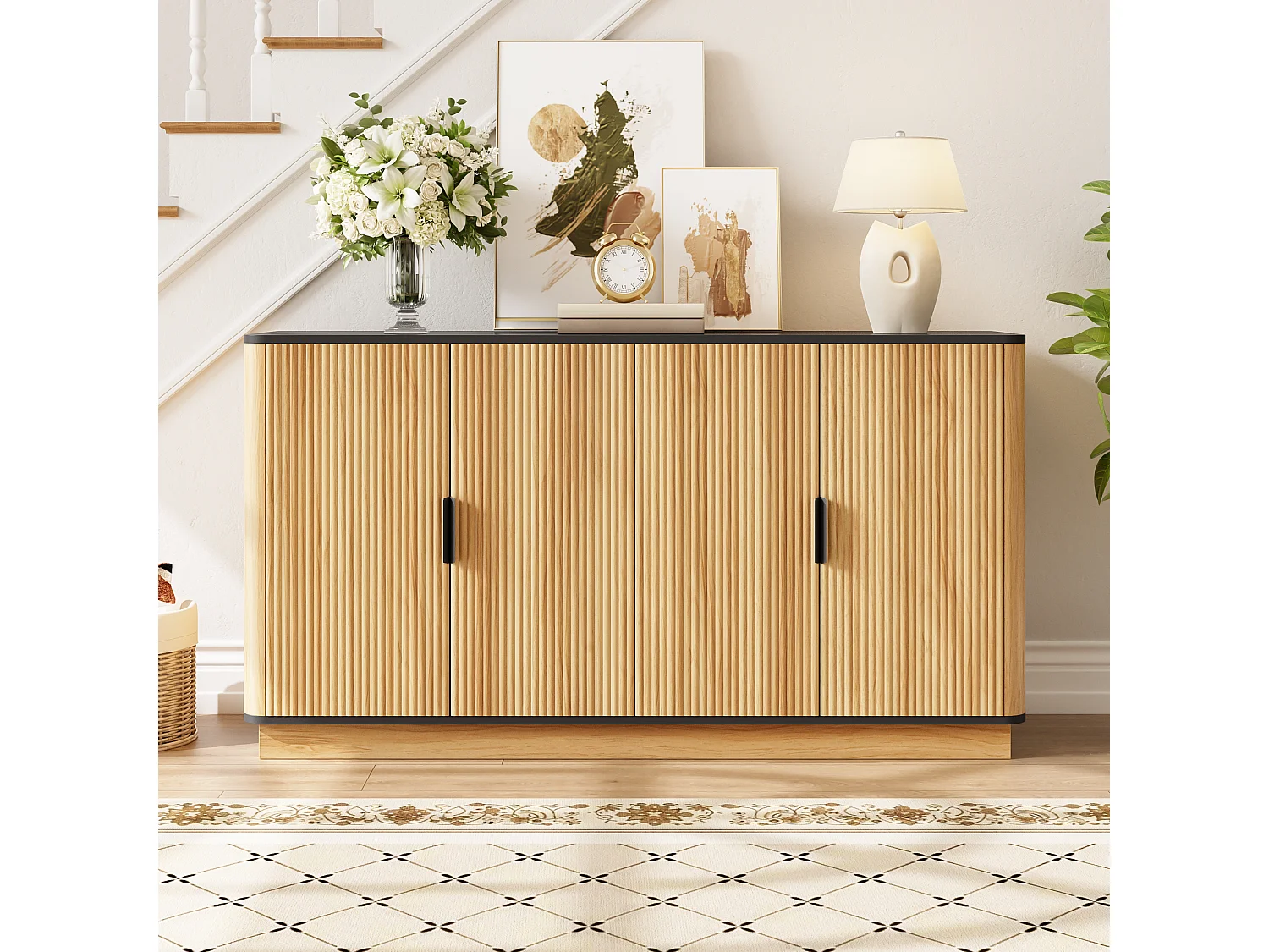 Buffet avec 4 portes - 139x40x75 cm - Motif ondulé - Finition imitation bois - Panneaux de particules - Naturel