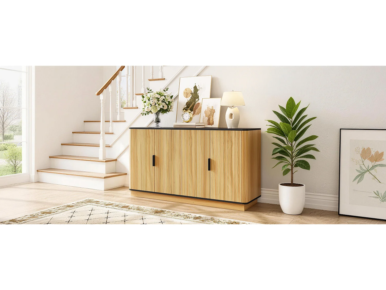 Buffet avec 4 portes - 139x40x75 cm - Motif ondulé - Finition imitation bois - Panneaux de particules - Naturel