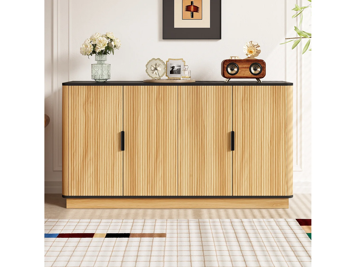 Buffet avec 4 portes - 139x40x75 cm - Motif ondulé - Finition imitation bois - Panneaux de particules - Naturel