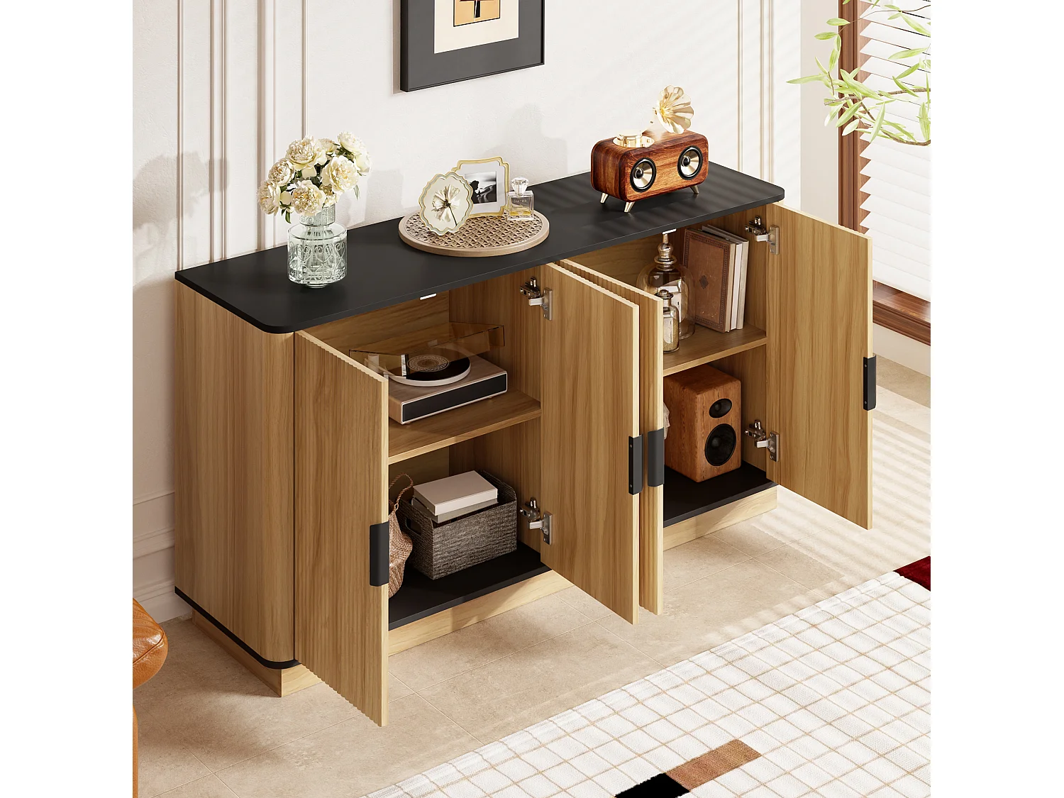Buffet avec 4 portes - 139x40x75 cm - Motif ondulé - Finition imitation bois - Panneaux de particules - Naturel