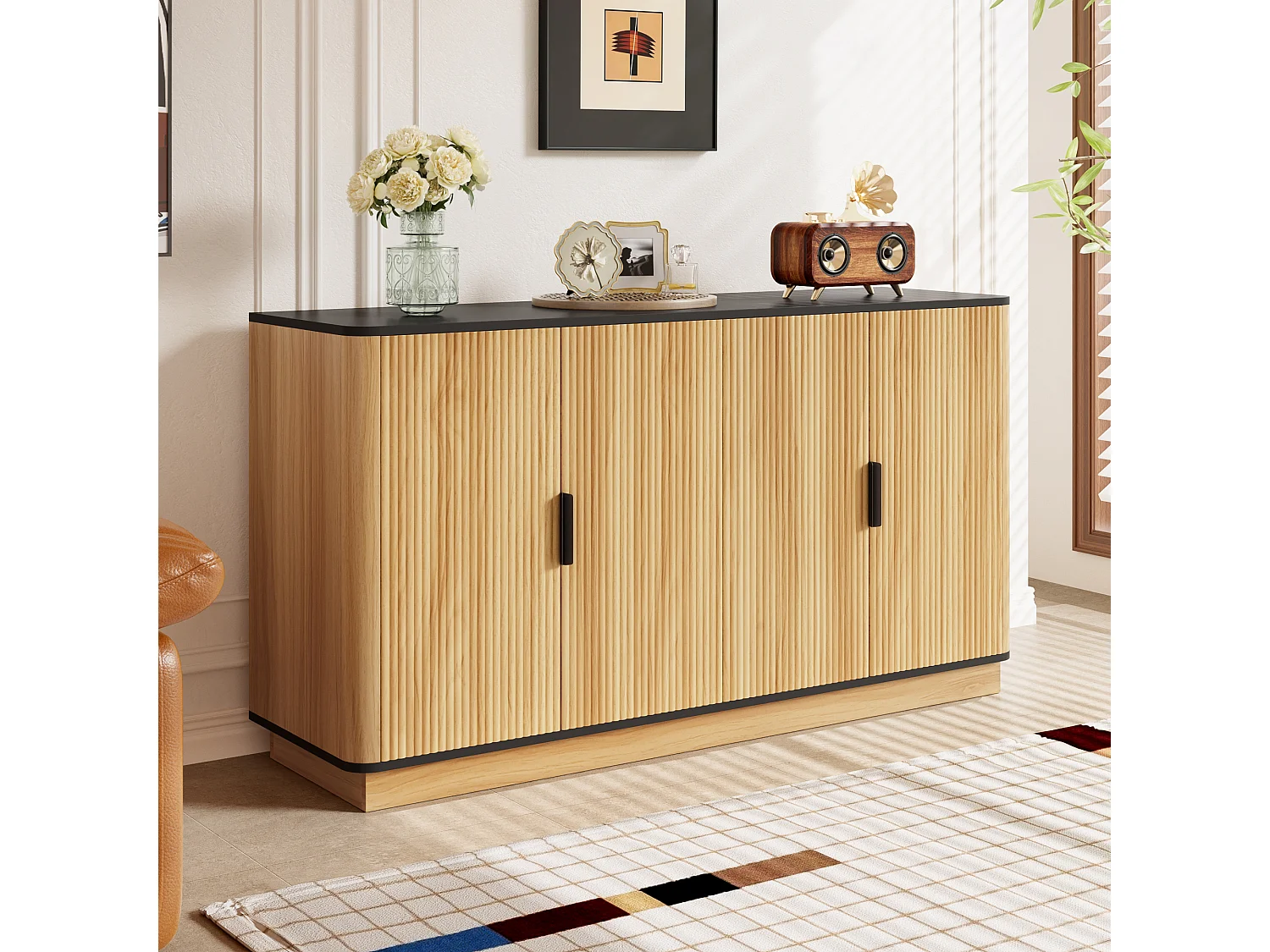 Buffet avec 4 portes - 139x40x75 cm - Motif ondulé - Finition imitation bois - Panneaux de particules - Naturel