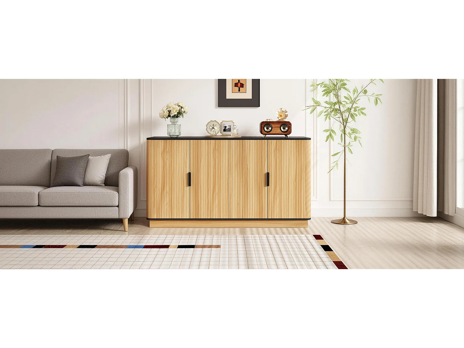 Buffet avec 4 portes - 139x40x75 cm - Motif ondulé - Finition imitation bois - Panneaux de particules - Naturel