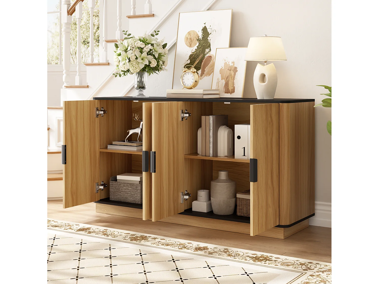 Buffet aspect bois à 4 portes - Nervures verticales - Naturel clair et noir 139x40x75 cm
