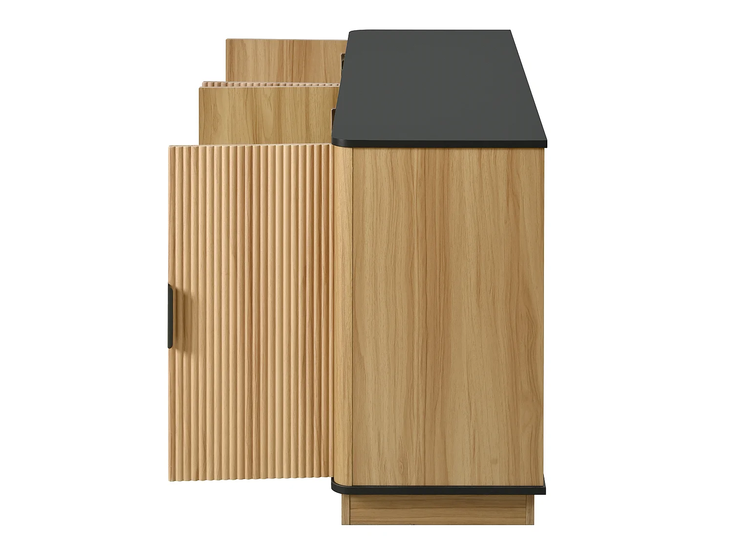Buffet aspect bois à 4 portes - Nervures verticales - Naturel clair et noir 139x40x75 cm