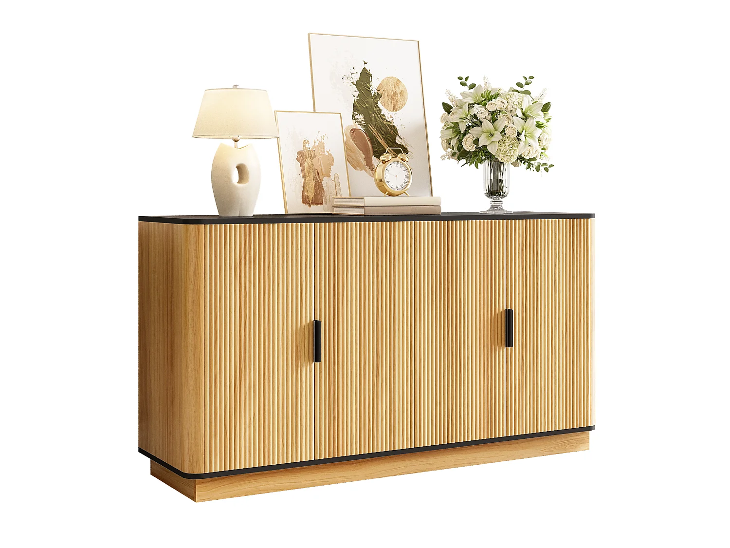 Buffet aspect bois à 4 portes - Nervures verticales - Naturel clair et noir 139x40x75 cm
