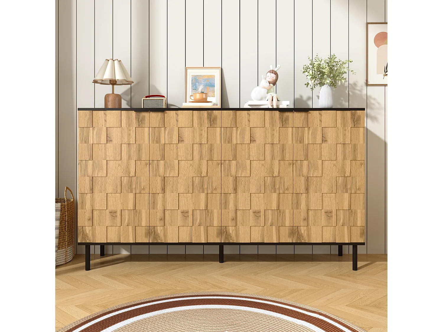 Buffet couleur bois mosaïque à 4 portes, pieds en métal, pour salon et entrée
