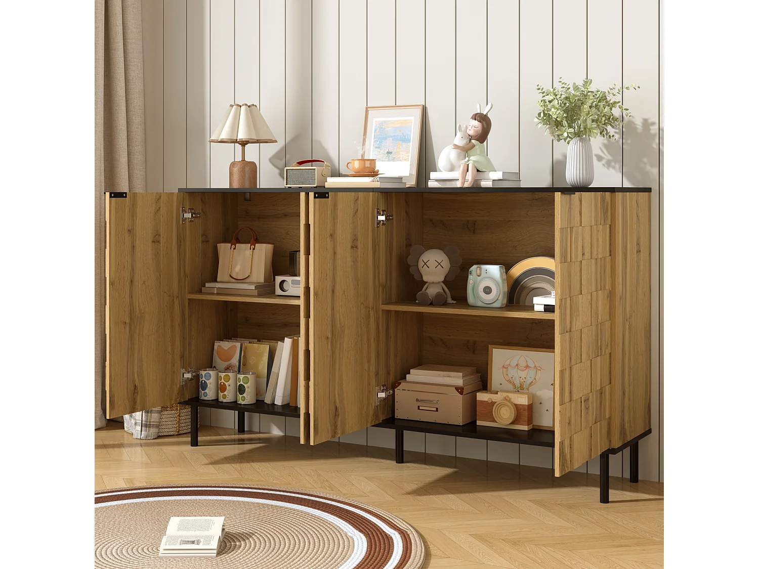 Buffet couleur bois mosaïque à 4 portes, pieds en métal, pour salon et entrée