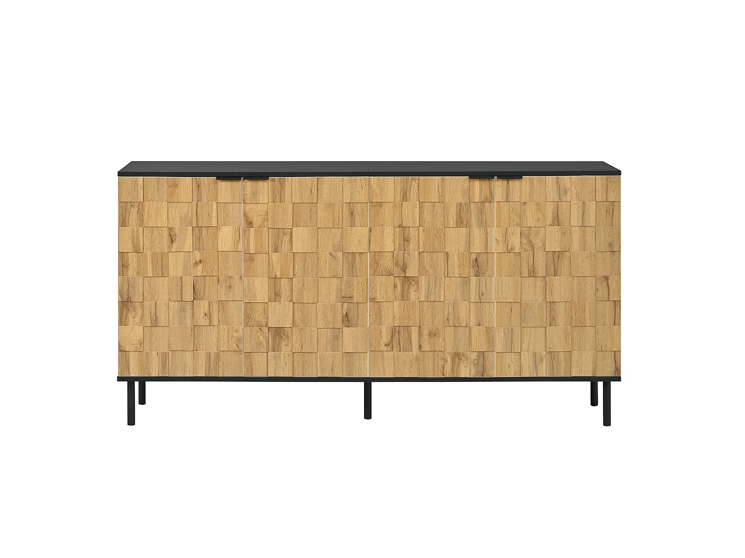 Buffet couleur bois mosaïque à 4 portes, pieds en métal, pour salon et entrée