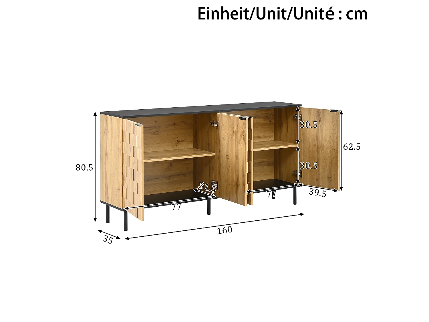 Buffet couleur bois mosaïque à 4 portes, pieds en métal, pour salon et entrée