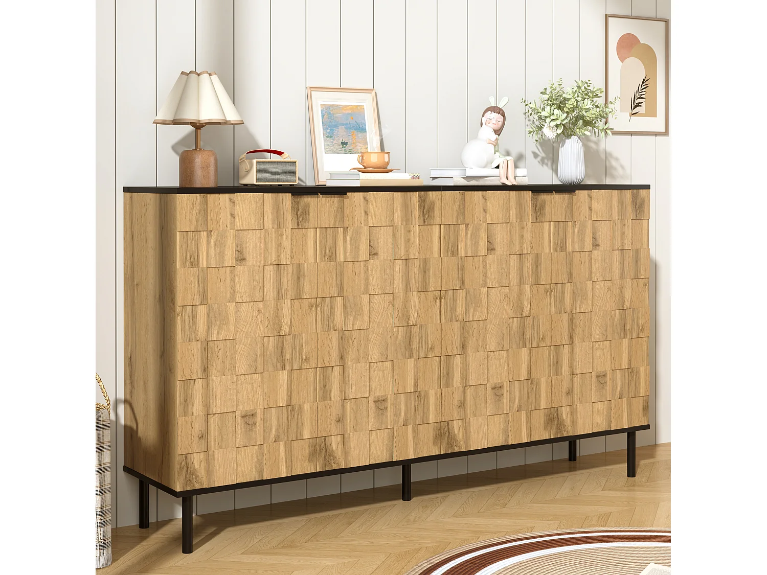 Buffet couleur bois mosaïque à 4 portes, pieds en métal, pour salon et entrée