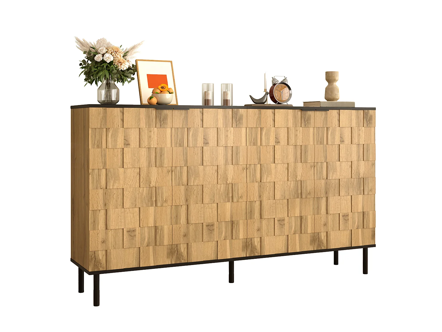 Buffet couleur bois mosaïque à 4 portes, pieds en métal, pour salon et entrée