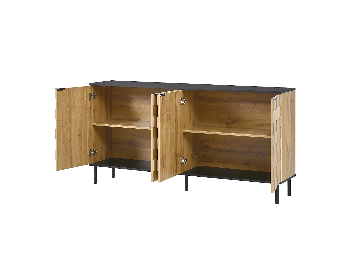 Buffet couleur bois mosaïque à 4 portes, pieds en métal, pour salon et entrée