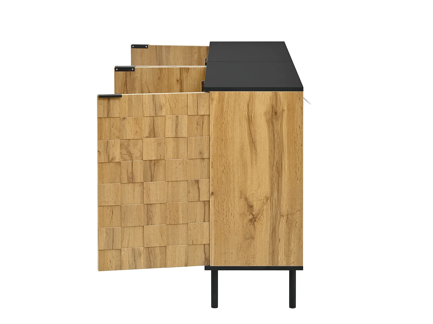 Buffet couleur bois mosaïque à 4 portes, pieds en métal, pour salon et entrée