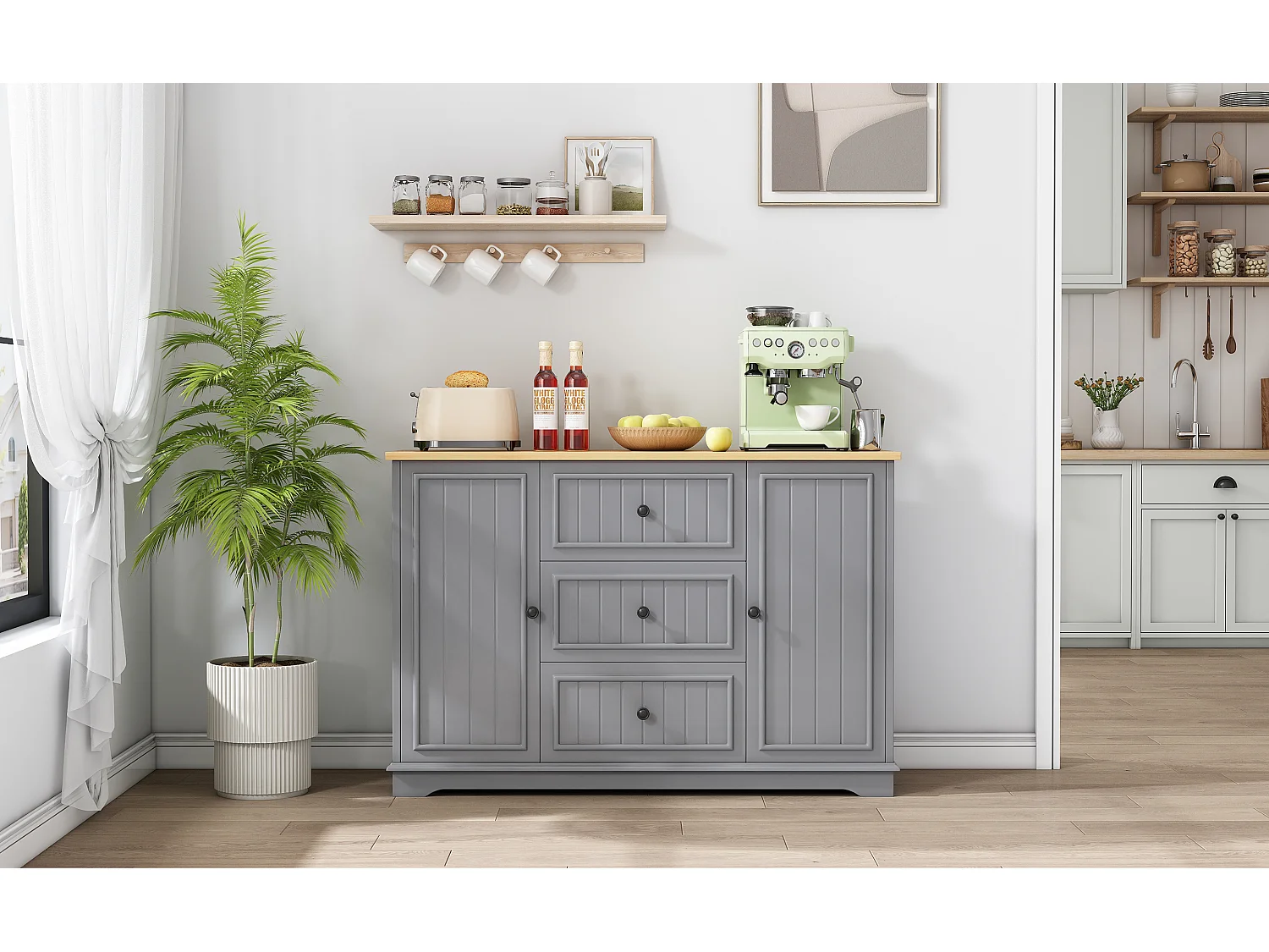 Dressoir met 3 lades en koelkastdeuren, grijs