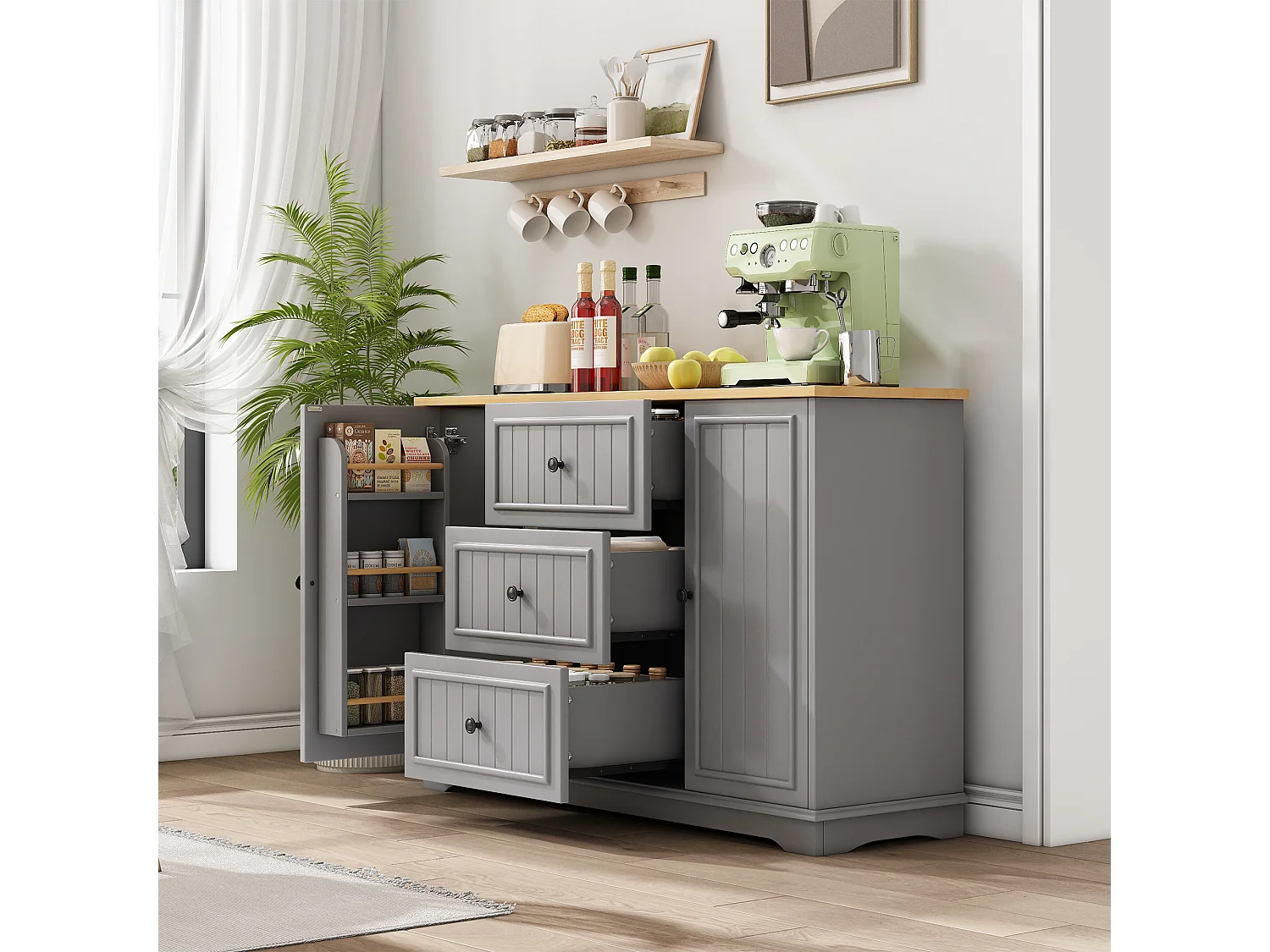 Dressoir met 3 lades en koelkastdeuren, grijs