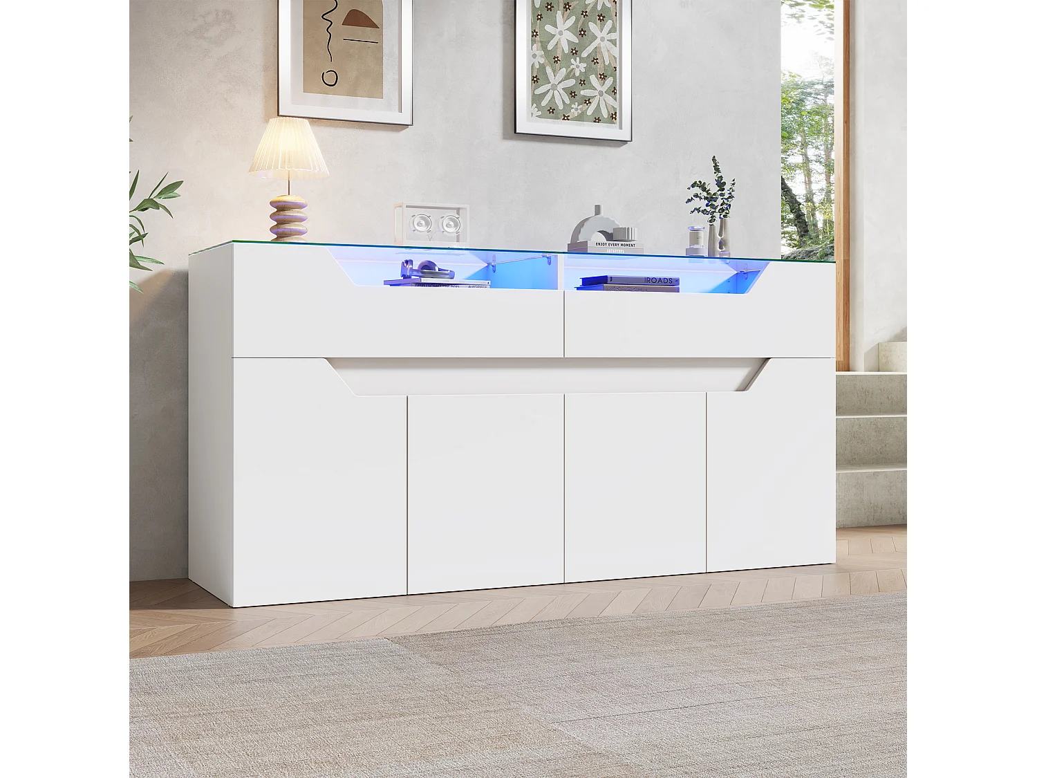 Buffet avec plateau en verre trempé - 2 tiroirs et 4 portes - 140x40x70 cm - MDF+verre - Blanc