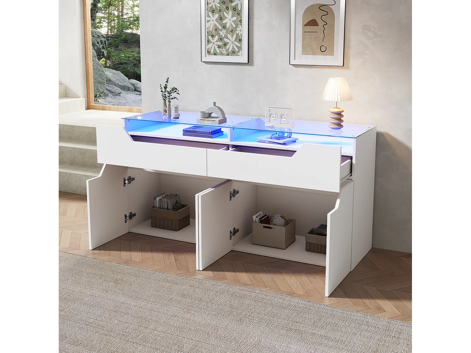 Buffet avec plateau en verre trempé - 2 tiroirs et 4 portes - 140x40x70 cm - MDF+verre - Blanc