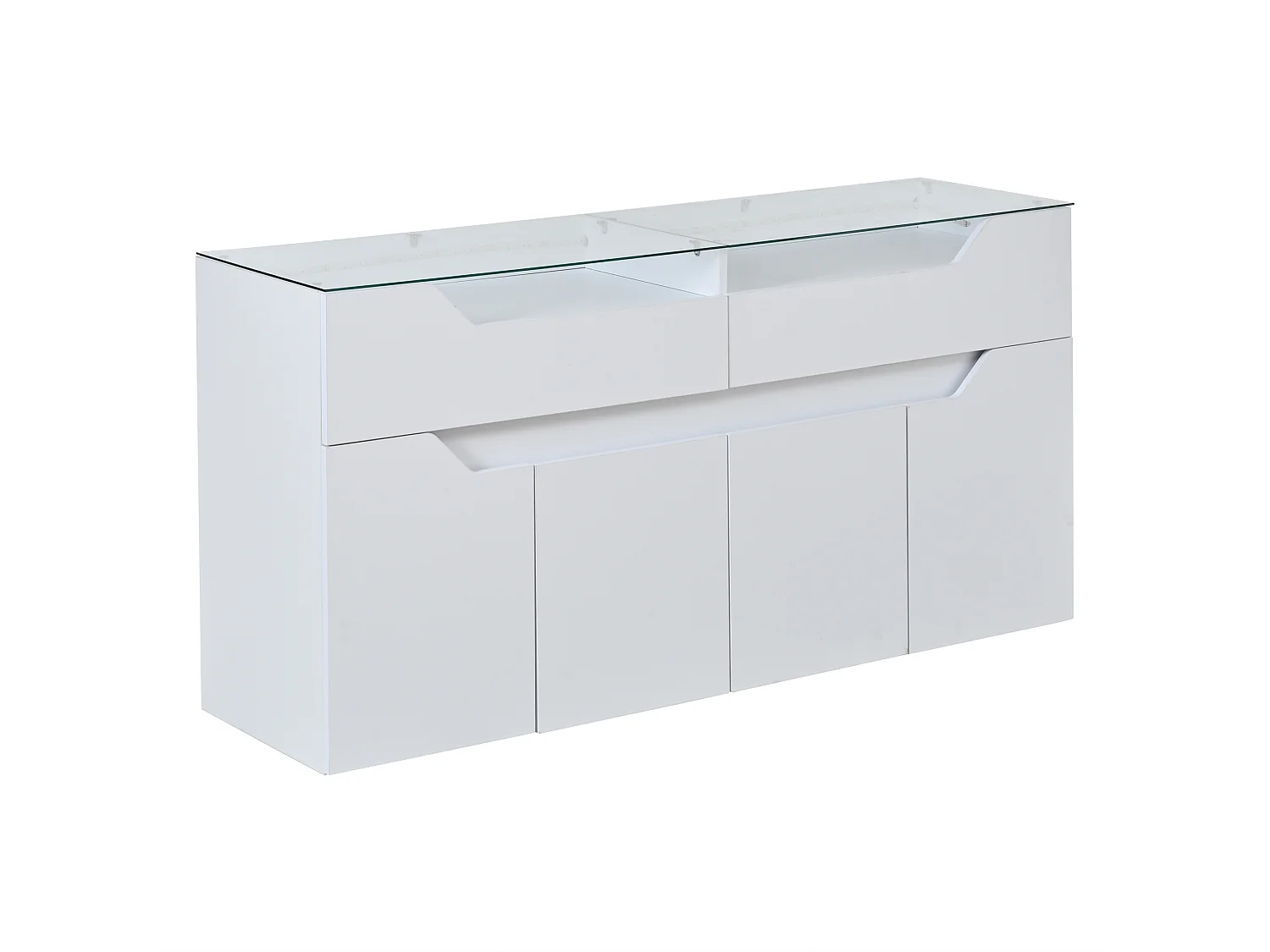 Buffet avec plateau en verre trempé - 2 tiroirs et 4 portes - 140x40x70 cm - MDF+verre - Blanc
