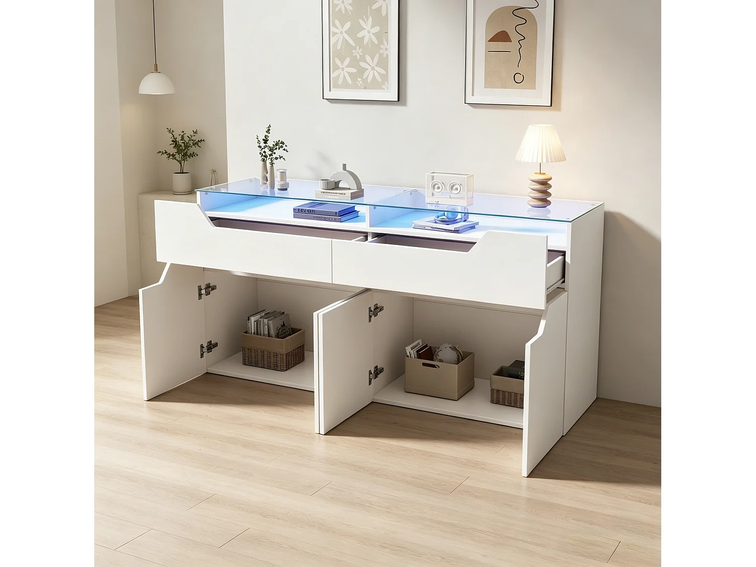 Buffet avec plateau en verre trempé - 2 tiroirs et 4 portes - 140x40x70 cm - MDF+verre - Blanc