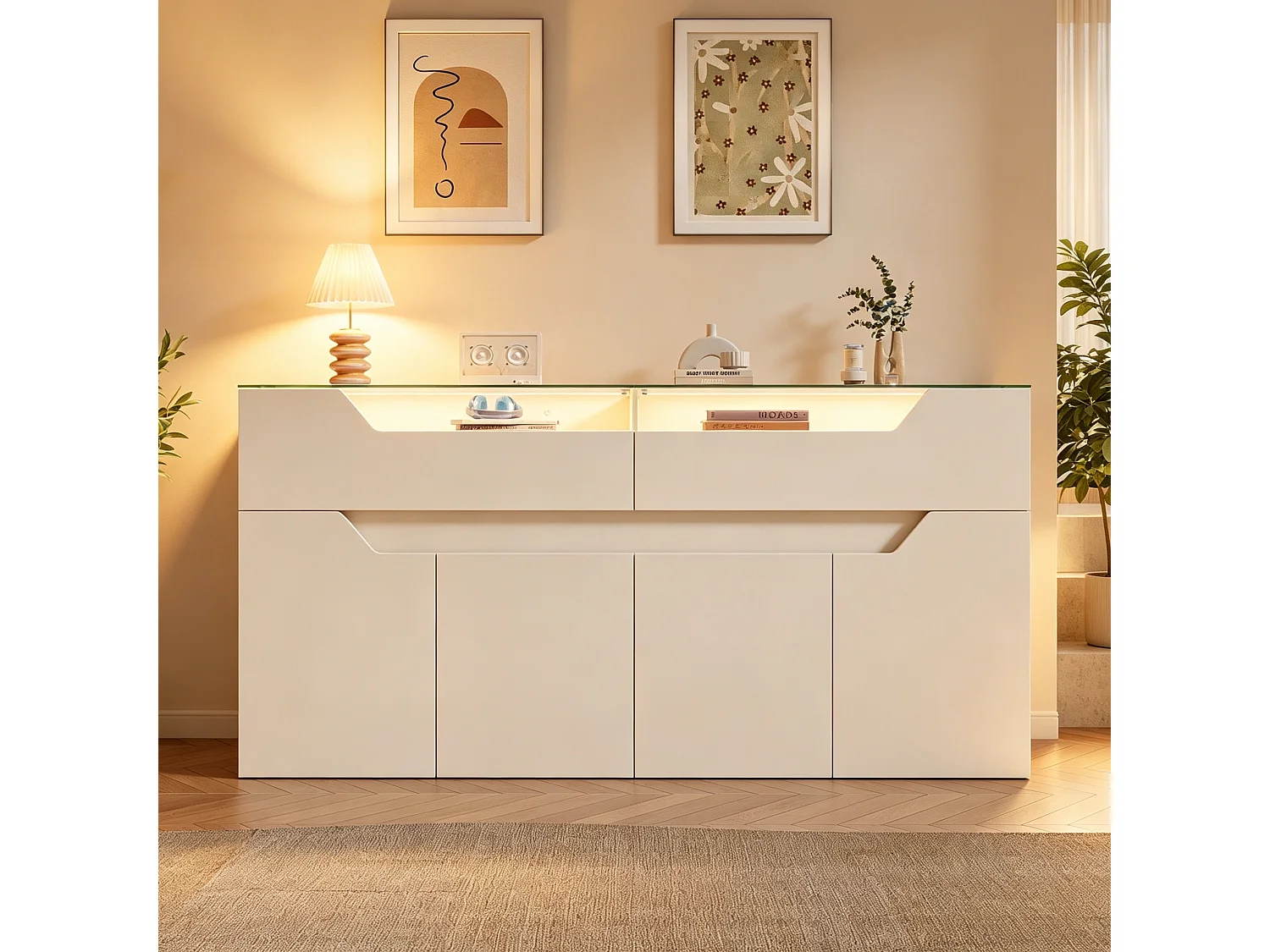 Buffet avec plateau en verre trempé - 2 tiroirs et 4 portes - 140x40x70 cm - MDF+verre - Blanc