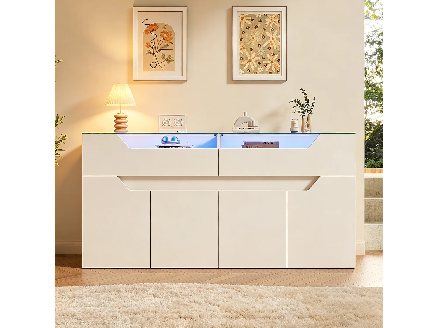 Buffet avec plateau en verre trempé - 2 tiroirs et 4 portes - 140x40x70 cm - MDF+verre - Blanc