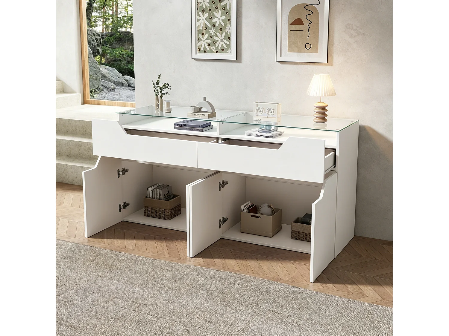 Buffet avec plateau en verre trempé - 2 tiroirs et 4 portes - 140x40x70 cm - MDF+verre - Blanc