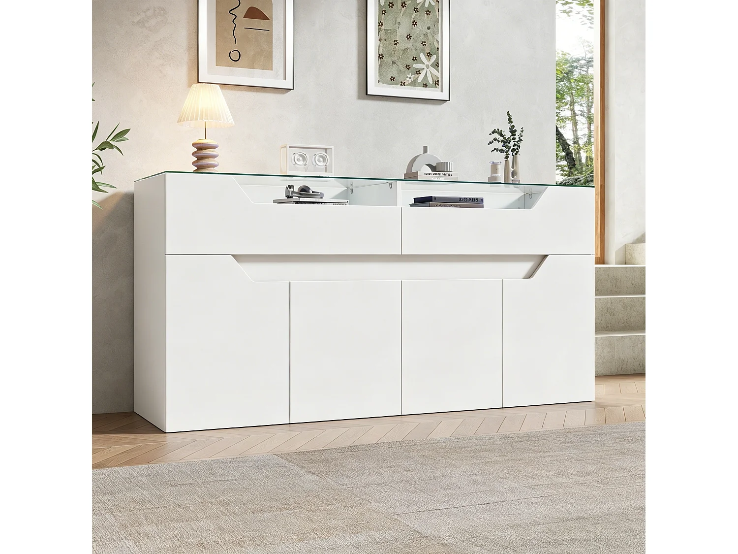 Buffet avec plateau en verre trempé - 2 tiroirs et 4 portes - 140x40x70 cm - MDF+verre - Blanc