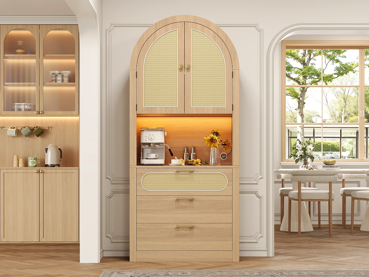 Buffet haut incurvés avec 3 tiroirs, 2 portes et LED - Naturel clair 80 x 35 x 180 cm