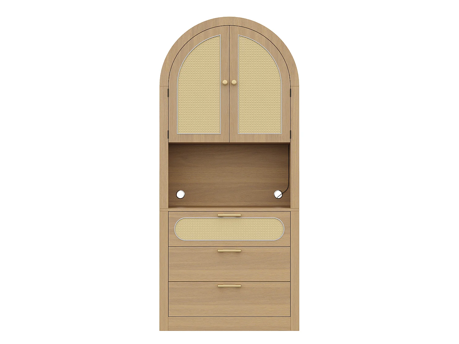 Buffet haut incurvés avec 3 tiroirs, 2 portes et LED - Naturel clair 80 x 35 x 180 cm