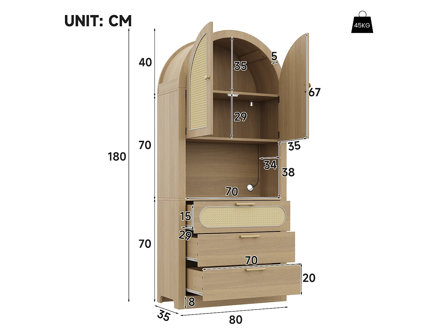 Buffet haut incurvés avec 3 tiroirs, 2 portes et LED - Naturel clair 80 x 35 x 180 cm