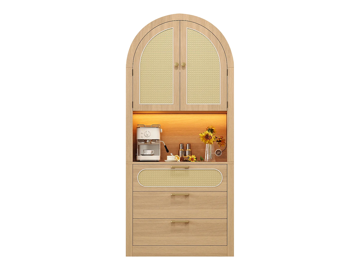 Buffet haut incurvés avec 3 tiroirs, 2 portes et LED - Naturel clair 80 x 35 x 180 cm