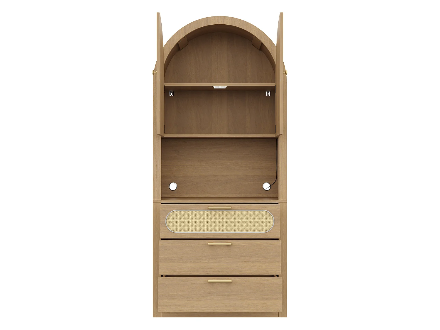 Buffet haut incurvés avec 3 tiroirs, 2 portes et LED - Naturel clair 80 x 35 x 180 cm