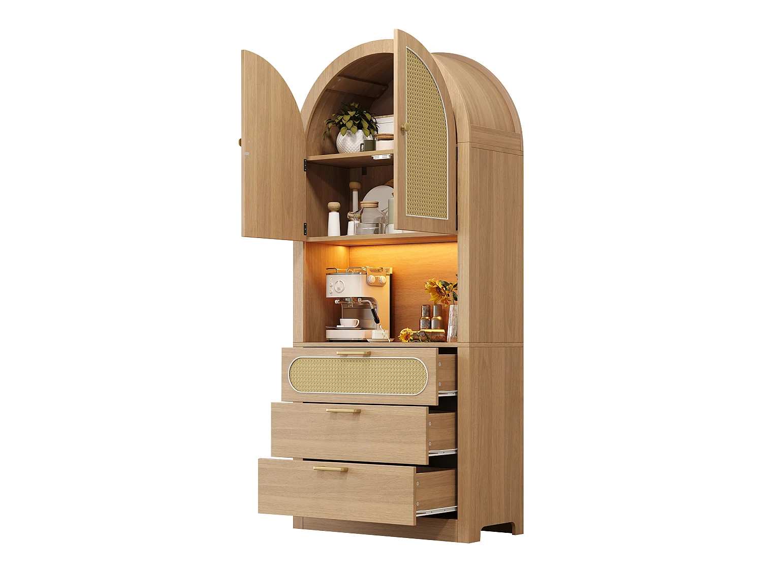 Buffet haut incurvés avec 3 tiroirs, 2 portes et LED - Naturel clair 80 x 35 x 180 cm