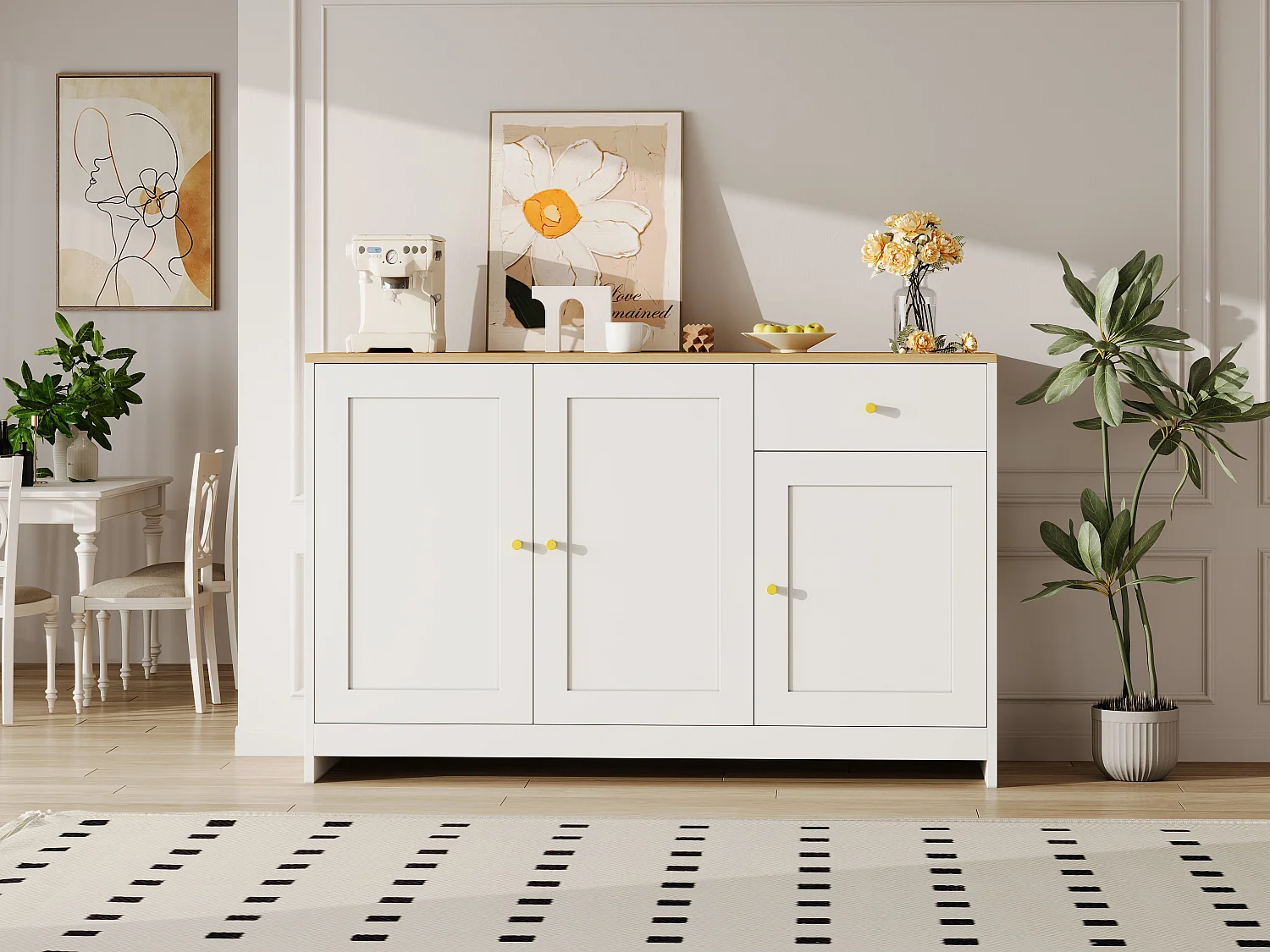 Buffet à 3 portes et 1 tiroir - Naturel et blanc 120 x 40 x 75 cm