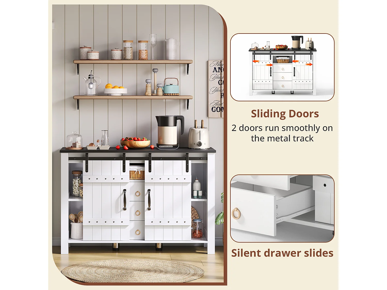 Modern sideboard 120x40x80cm - with 2 sliding doors and 3 drawers - White + Brown