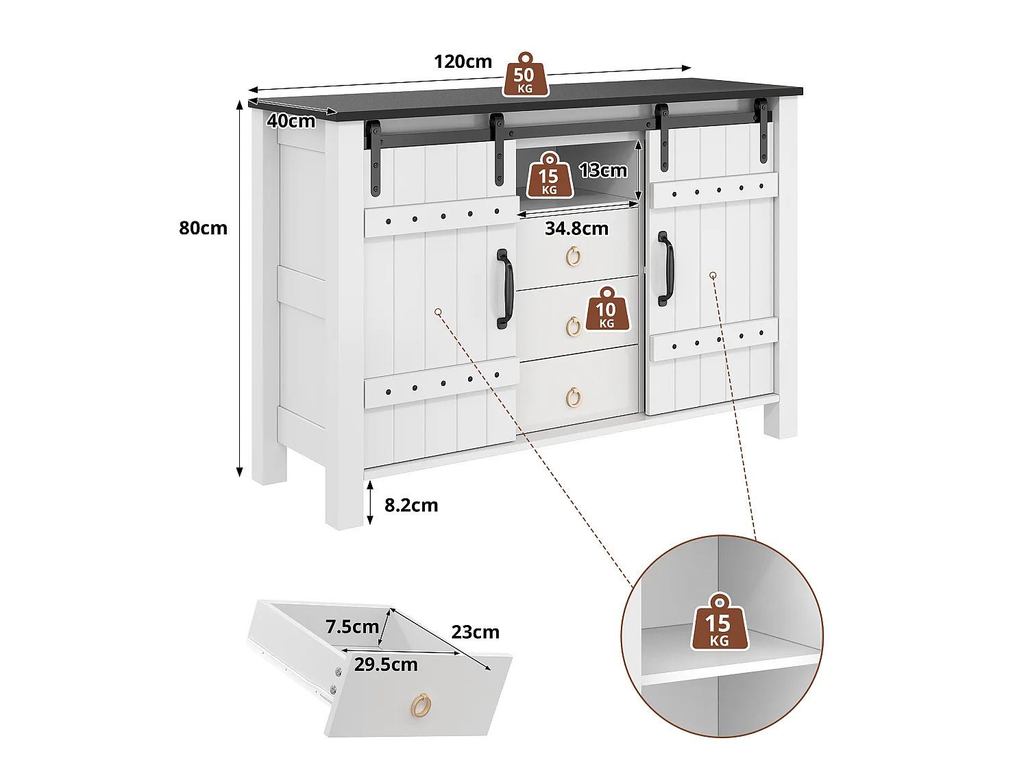 Modern sideboard 120x40x80cm - with 2 sliding doors and 3 drawers - White + Brown