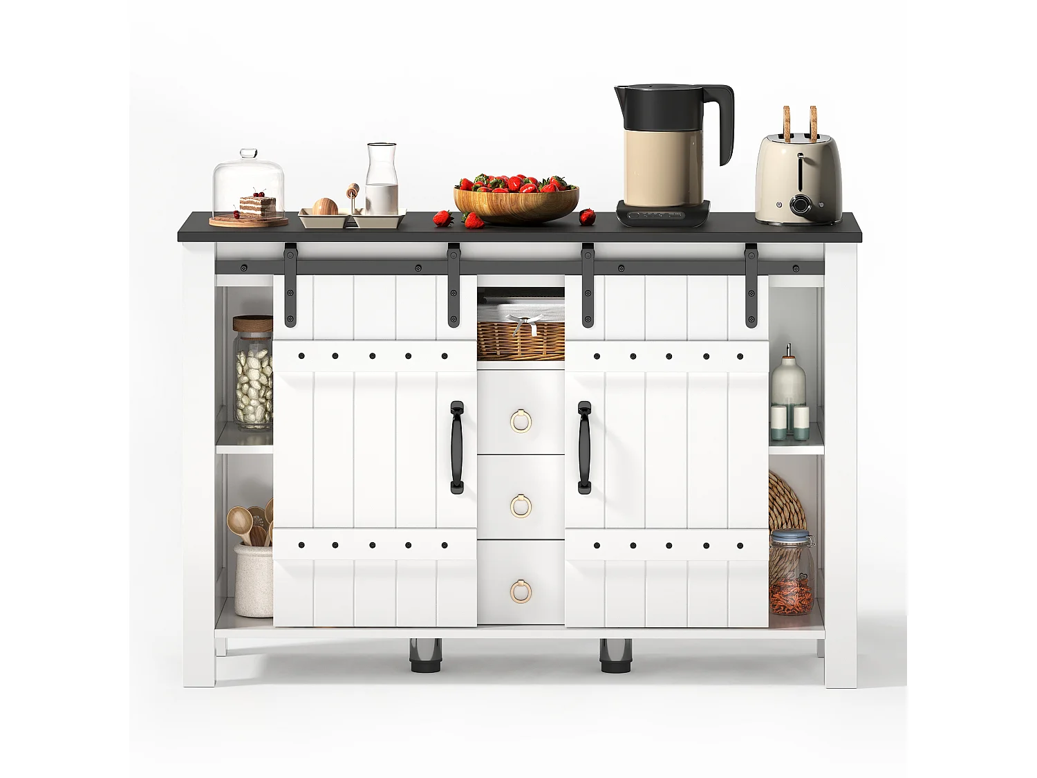 Modern sideboard 120x40x80cm - with 2 sliding doors and 3 drawers - White + Brown