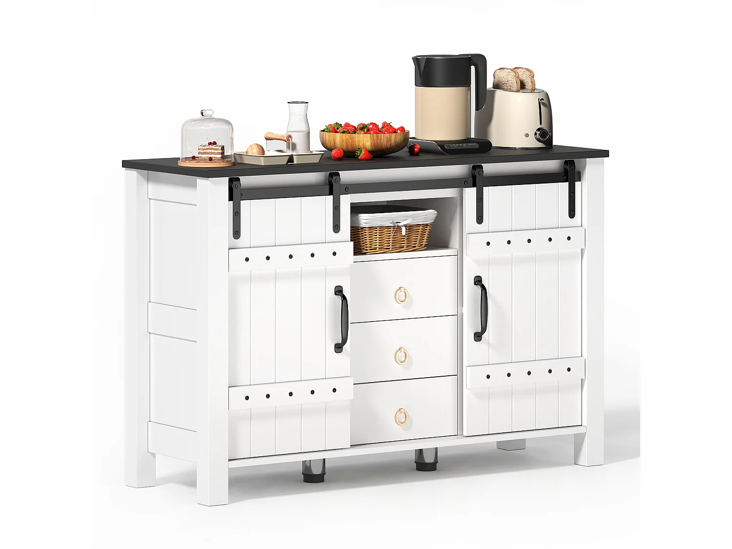 Modern sideboard 120x40x80cm - with 2 sliding doors and 3 drawers - White + Brown